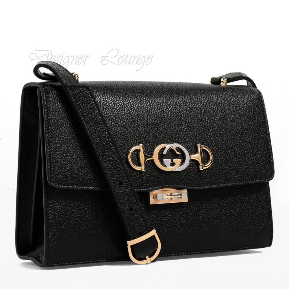 GUCCI Zumi Interlocking G Horsebit Black Grain Leather Small Crossbody Bag